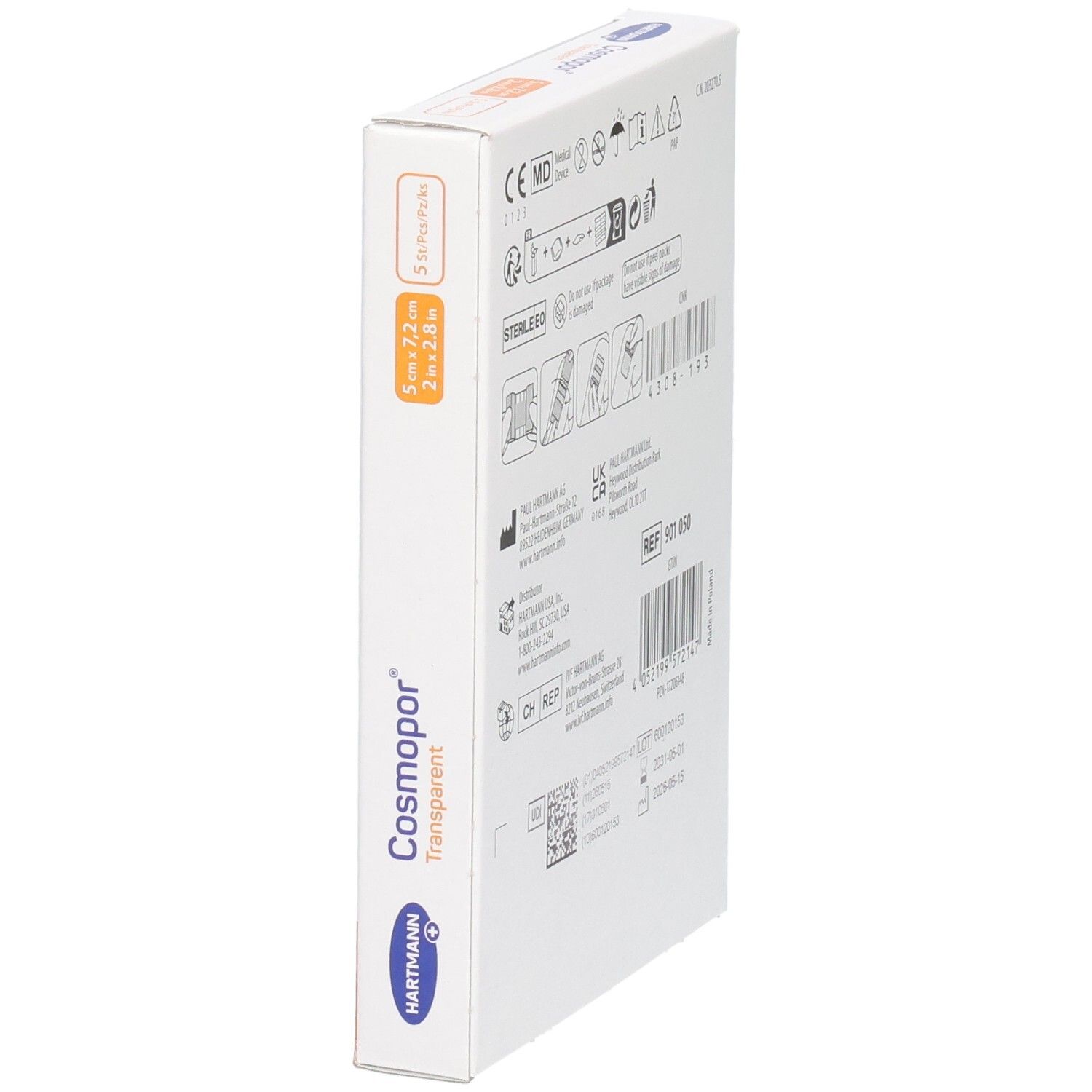 Rückseite Verpackung Cosmopor Transparent: CE, MD, steril, Gebrauchsanweisungen, Chargennummer.