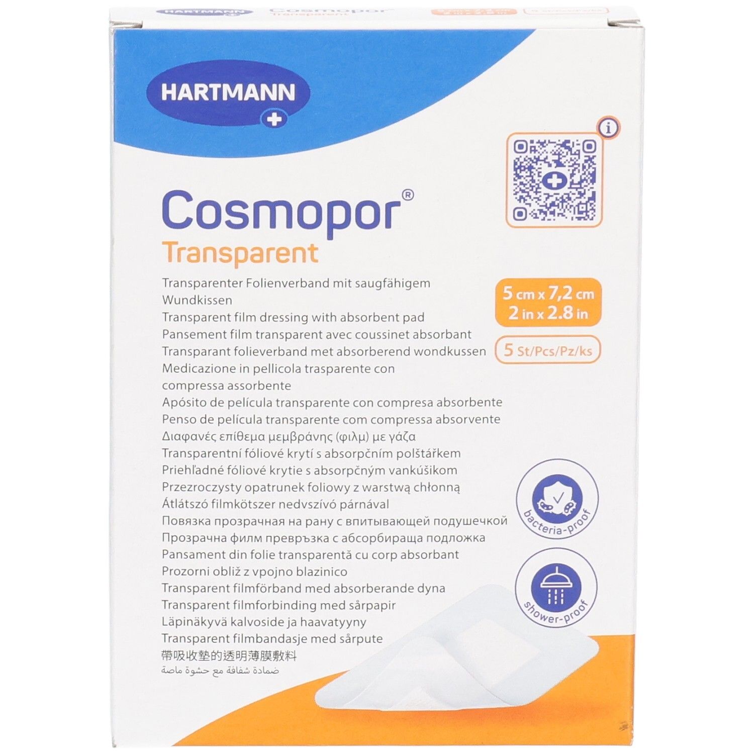Verpackung Cosmopor Transparent Verband 5x7,2 cm, 5 Stück. Steril, bakterienresistent, duschfest.