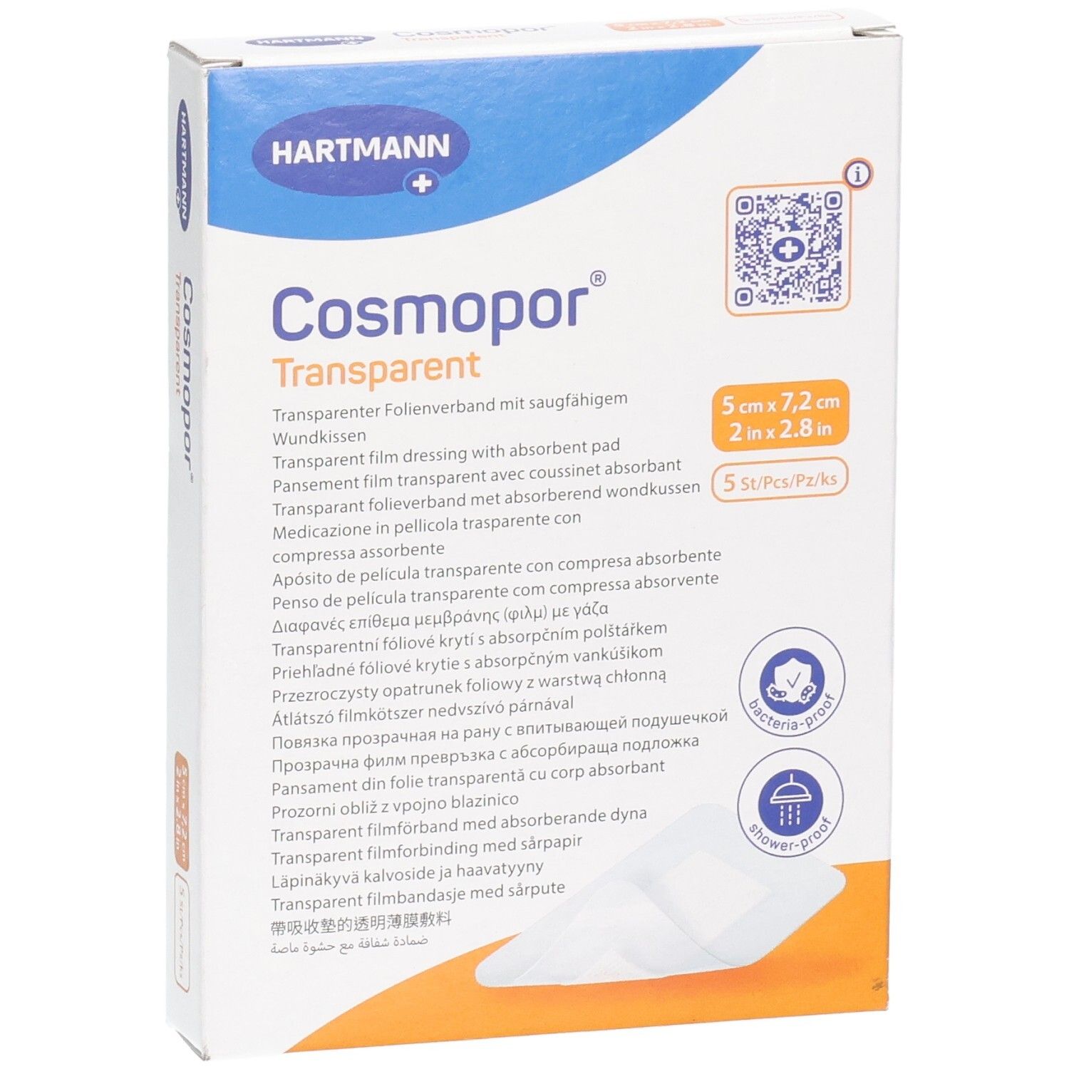 Verpackung Cosmopor Transparent Verband 5x7,2 cm, 5 Stück. Steril, bakterienresistent, duschfest.