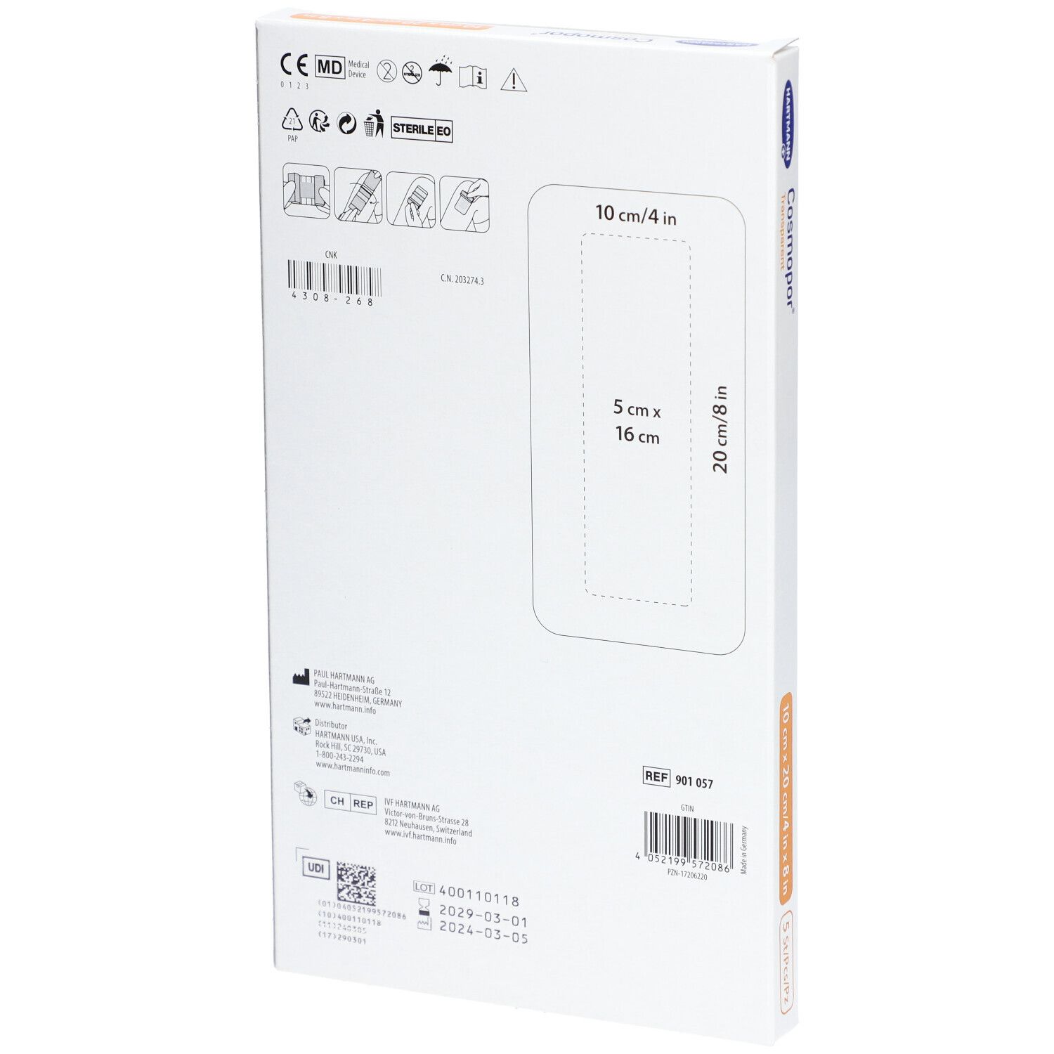 Rückseite der Verpackung von COSMOPOR transparent. Größenangaben: 10 cm x 20 cm, 5 cm x 16 cm. Steril.