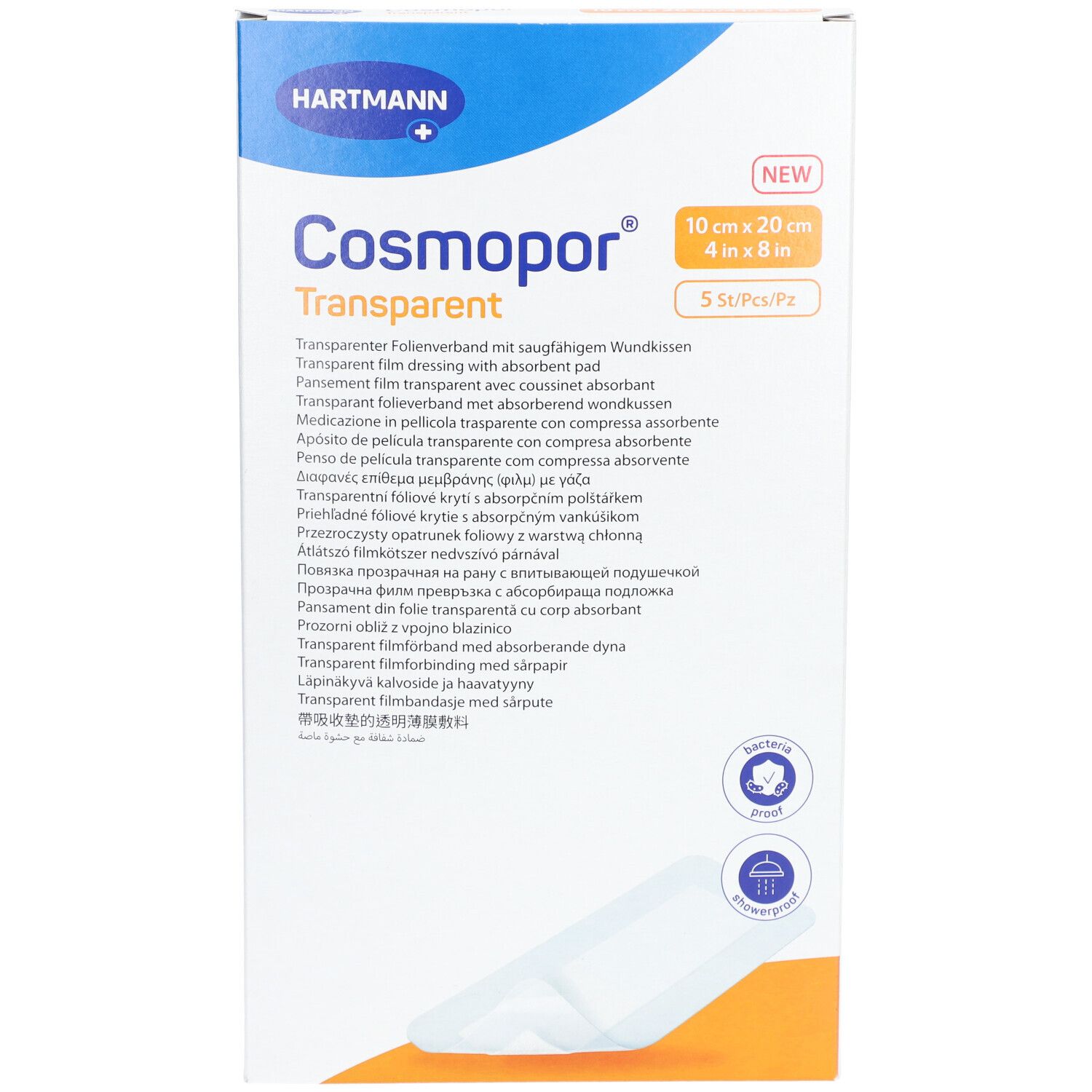 Vorderansicht der Verpackung von COSMOPOR transparent. Größe: 10x20 cm. 5 Stück. Marke HARTMANN. Mit absorbierendem Wundkissen.