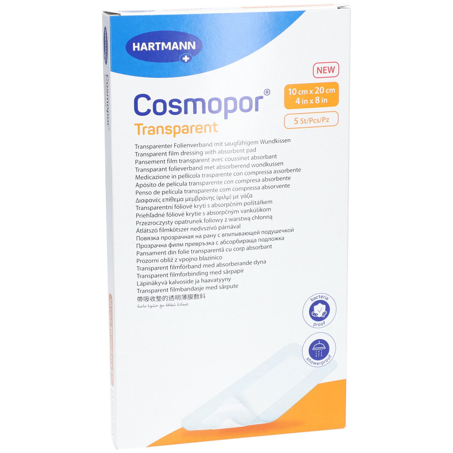 Vorderansicht der Verpackung von COSMOPOR transparent. Größe: 10x20 cm. 5 Stück. Marke HARTMANN. Mit absorbierendem Wundkissen.