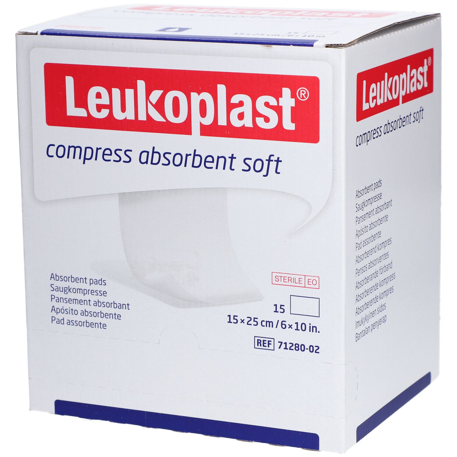 Karton mit Leukoplast® compress absorbent soft. Aufdruck: 15 Stück, 15x25 cm/6x10 in. Steril.