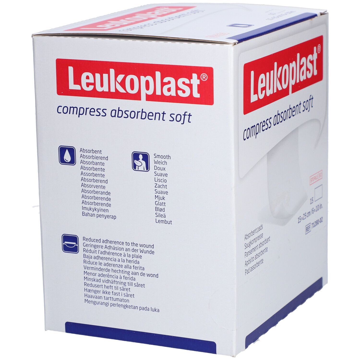 Karton von Leukoplast® compress absorbent soft. Aufdrucke: absorbierend, glatt, reduziert Haftung an Wunde.