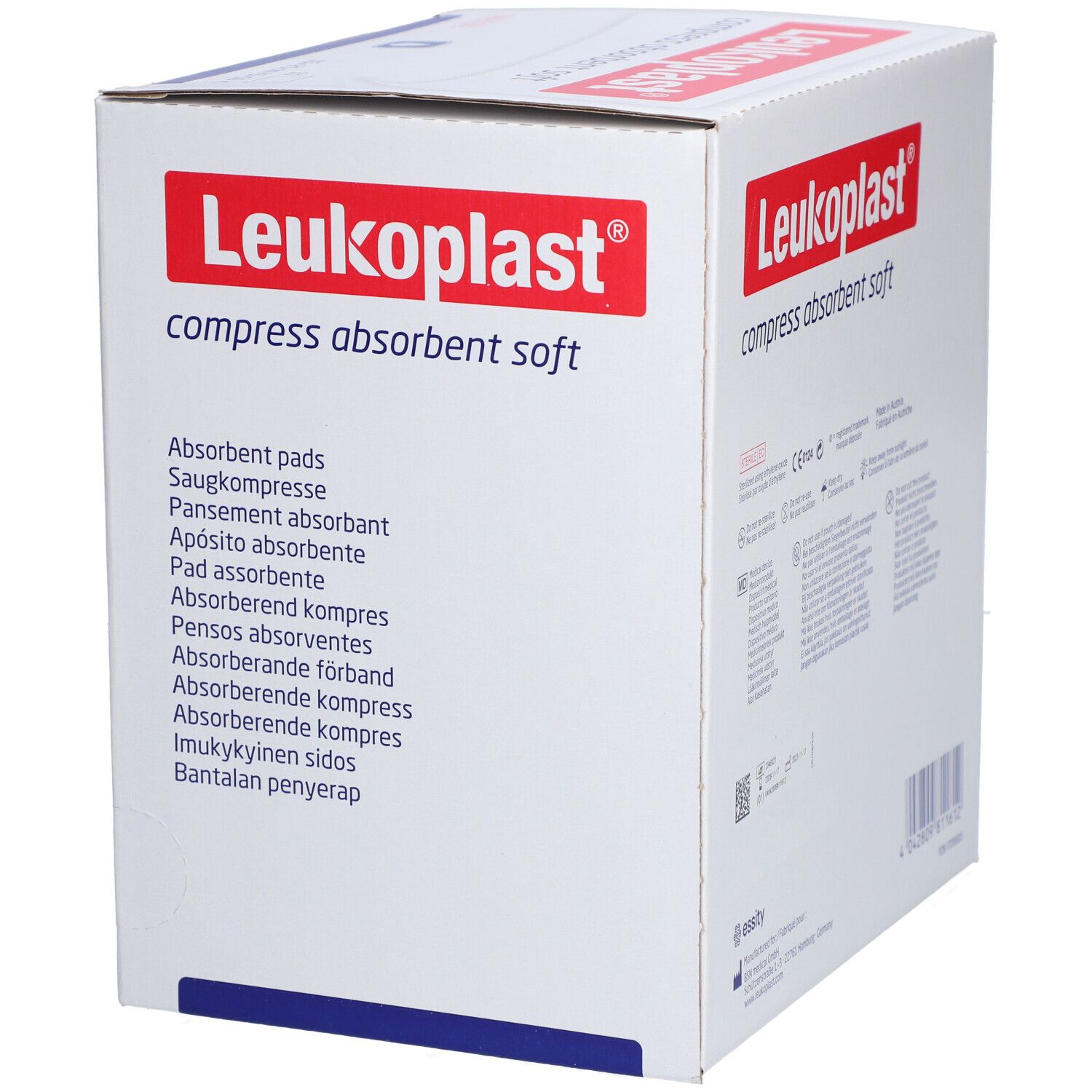 Karton von Leukoplast® compress absorbent soft. Aufdrucke: absorbierende Kompressen, weitere Sprachen.