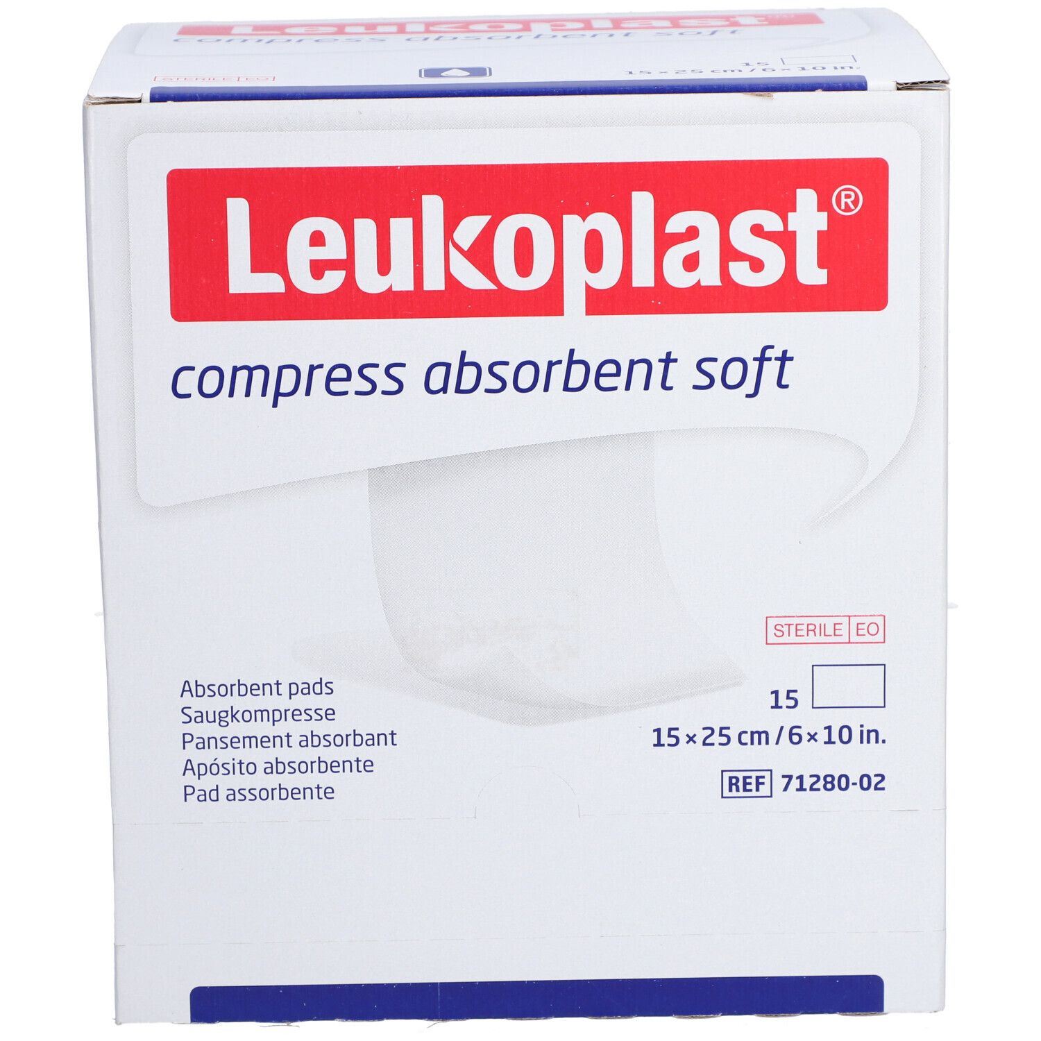 Karton von Leukoplast® compress absorbent soft. Aufdruck: 15 Stück, 15x25 cm/6x10 in. Steril.
