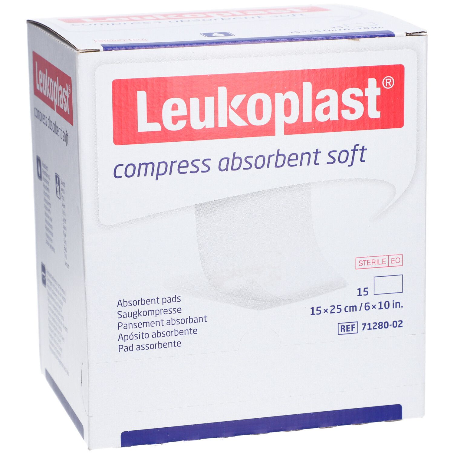 Karton von Leukoplast® compress absorbent soft. Aufdruck: 15 Stück, 15x25 cm/6x10 in. Steril.