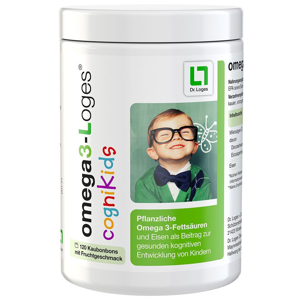 Weißes Produktglas mit omega3-Loges cogniKids. Aufkleber mit Kind, Text und 120 Kautabletten.