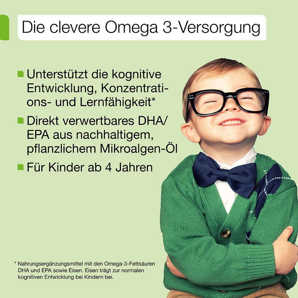 Junge mit Brille und Fliege. Text: Die clevere Omega 3-Versorgung. Für Kinder ab 4 Jahren.