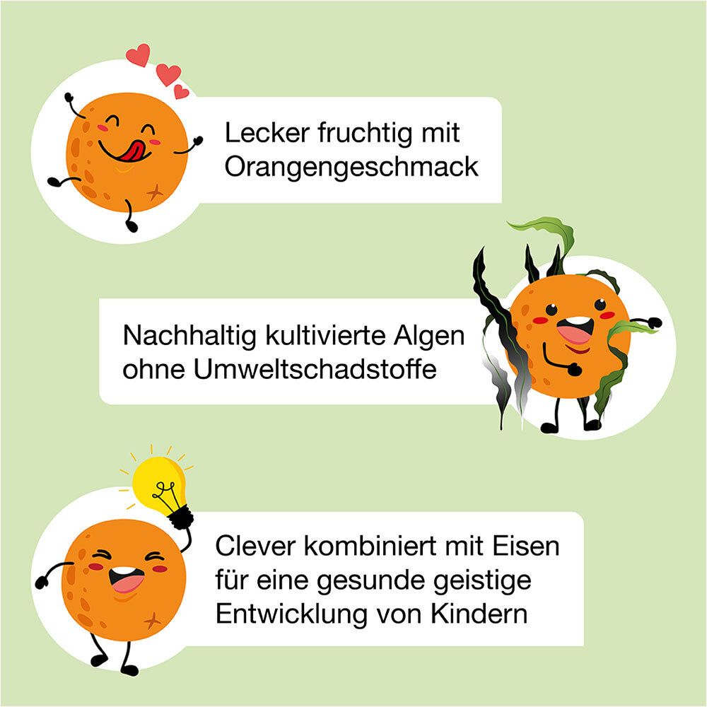 Illustrationen von Orangen und Algen. Text: Lecker fruchtig, nachhaltig kultiviert, clever kombiniert.