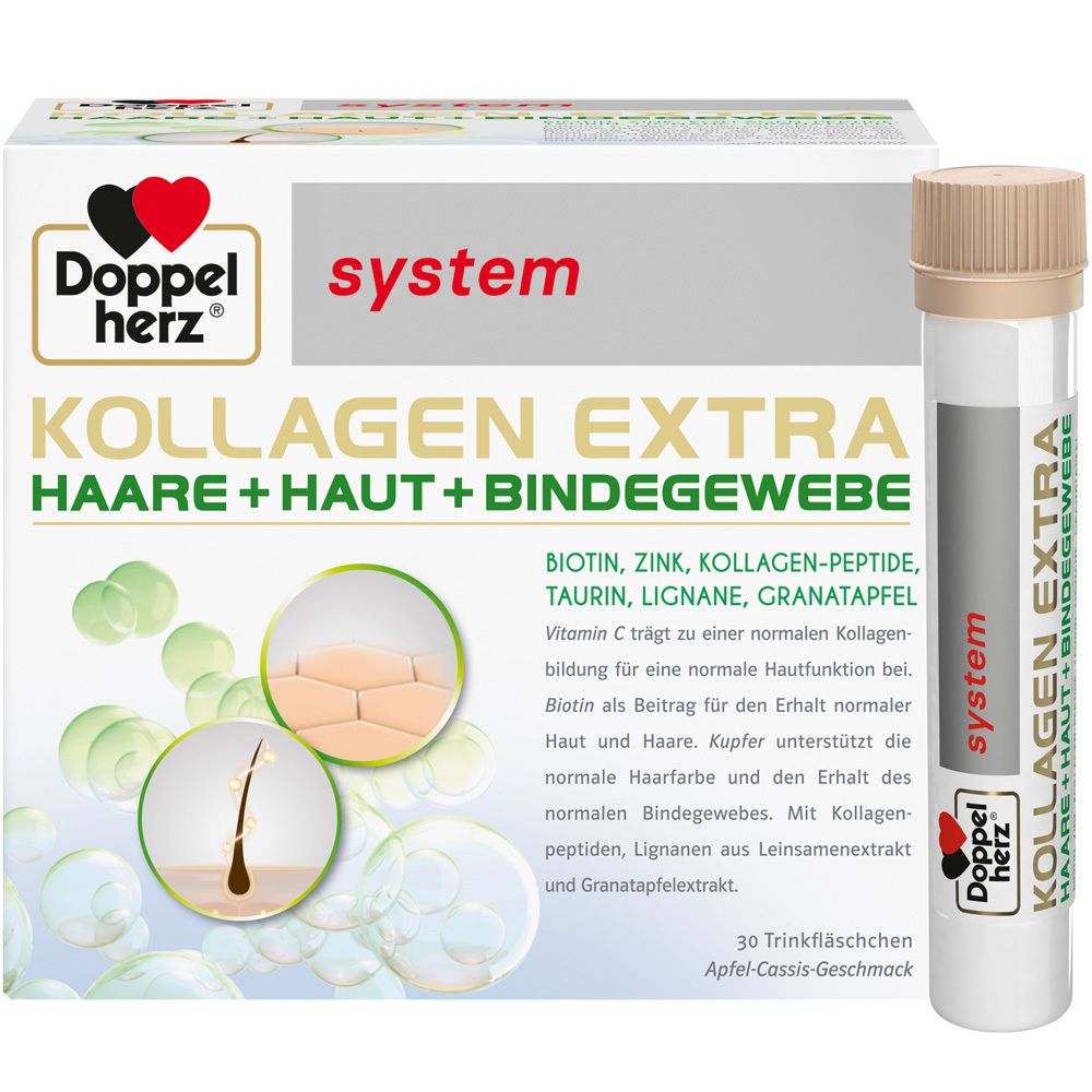 Produktverpackung und Trinkflasche. Aufschrift: Kollagen Extra. Enthält Biotin, Zink, Kollagen-Peptide, Taurin, Lignane, Granatapfel. 30 Trinkfläschchen.