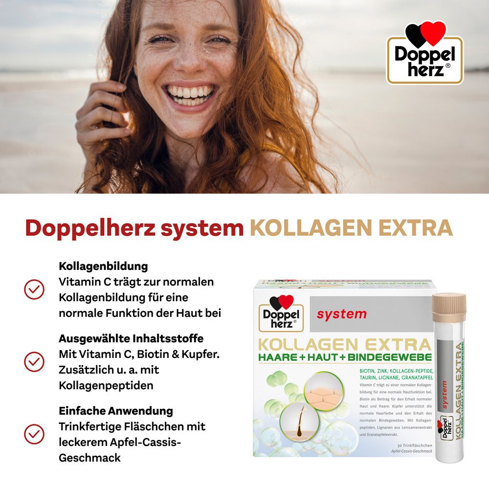 Produktverpackung und Trinkflasche. Aufschrift: Kollagen Extra. Enthält Vitamin C, Biotin & Kupfer. Einfache Anwendung. Apfel-Cassis-Geschmack.