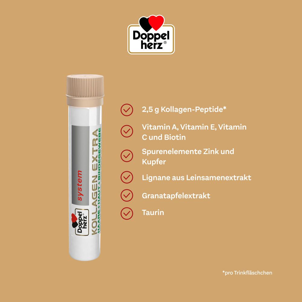 Trinkflasche Kollagen Extra. Enthält 2,5 g Kollagen-Peptide, Vitamin A, E, C und Biotin, Spurenelemente, Lignane, Granatapfelextrakt, Taurin.