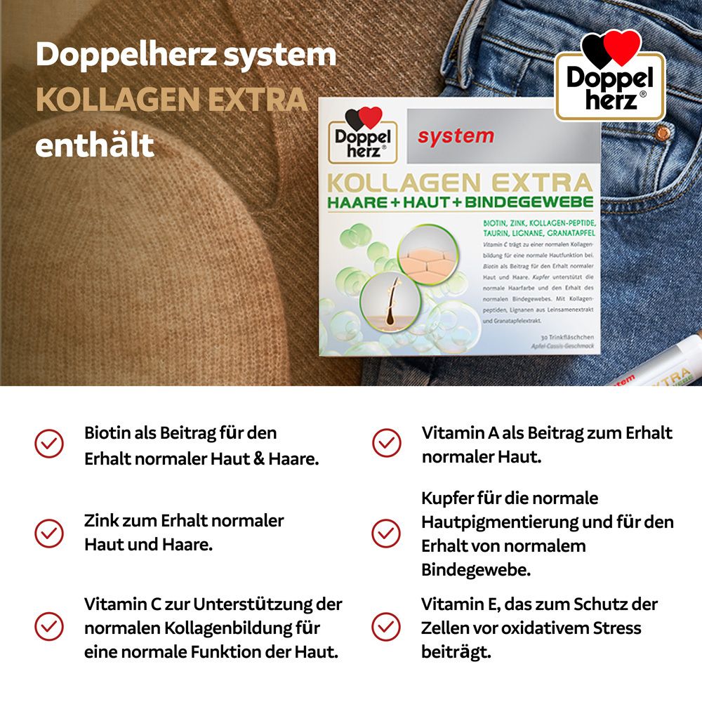 Produktverpackung. Aufschrift: Kollagen Extra. Enthält Biotin, Zink, Vitamin C, Vitamin A, Kupfer, Vitamin E. Für Haut, Haare & Bindegewebe.