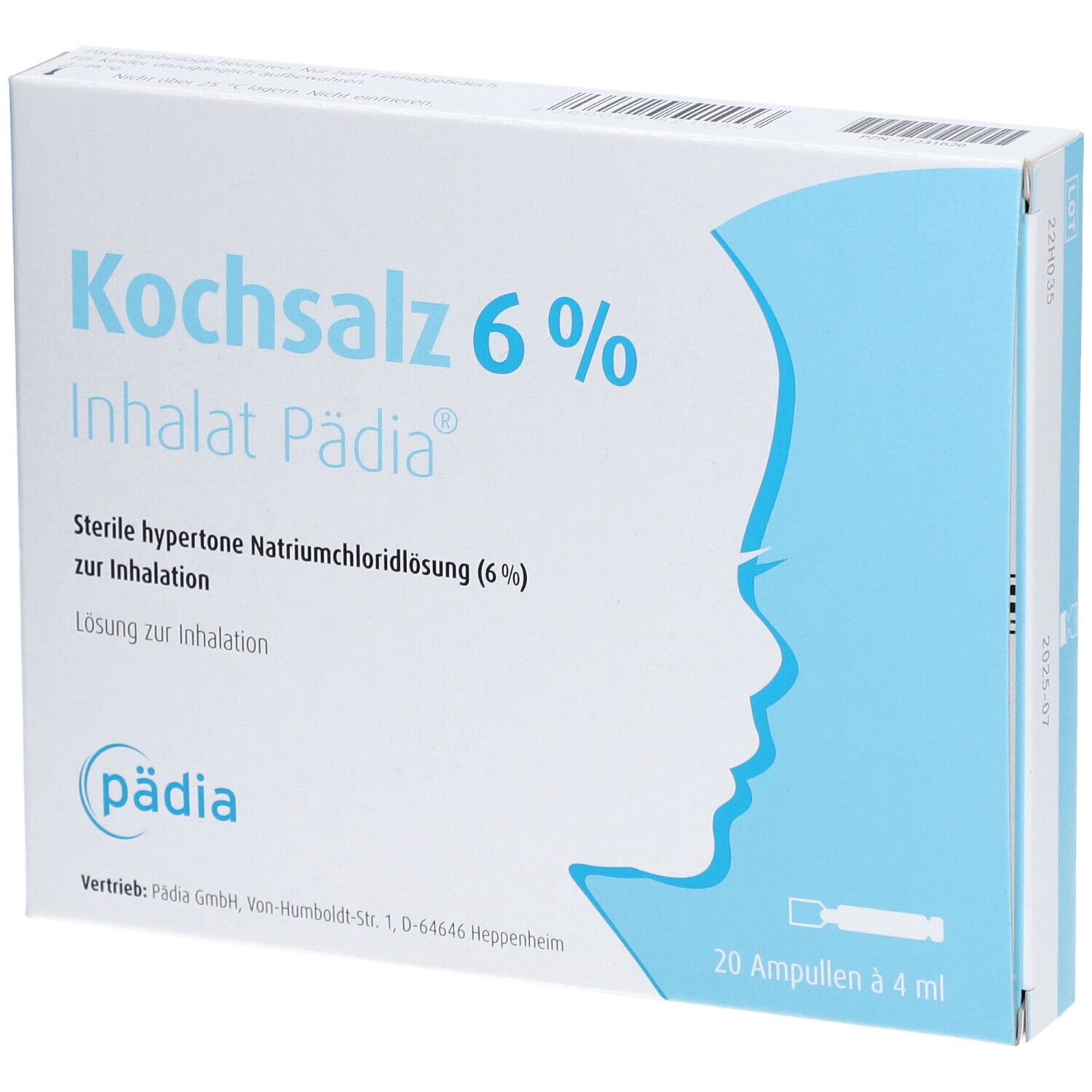 Karton Kochsalz 6 % Inhalat Pädia®. Enthält 20 Ampullen à 4 ml. Aufdrucke: Sterile hypertone Natriumchloridlösung (6 %).