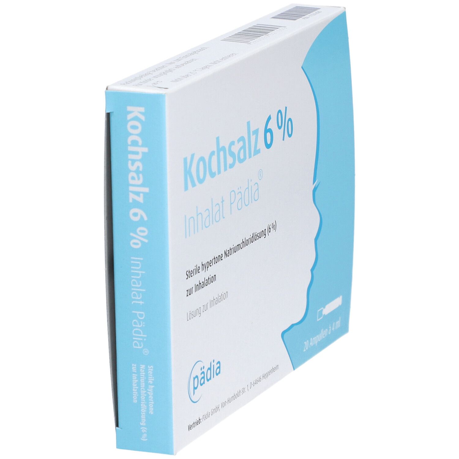 Schräg gestellte Packung Kochsalz 6 % Inhalat Pädia®. Aufdrucke: Kochsalz 6 %, Inhalat Pädia®, 20 Ampullen à 4 ml.