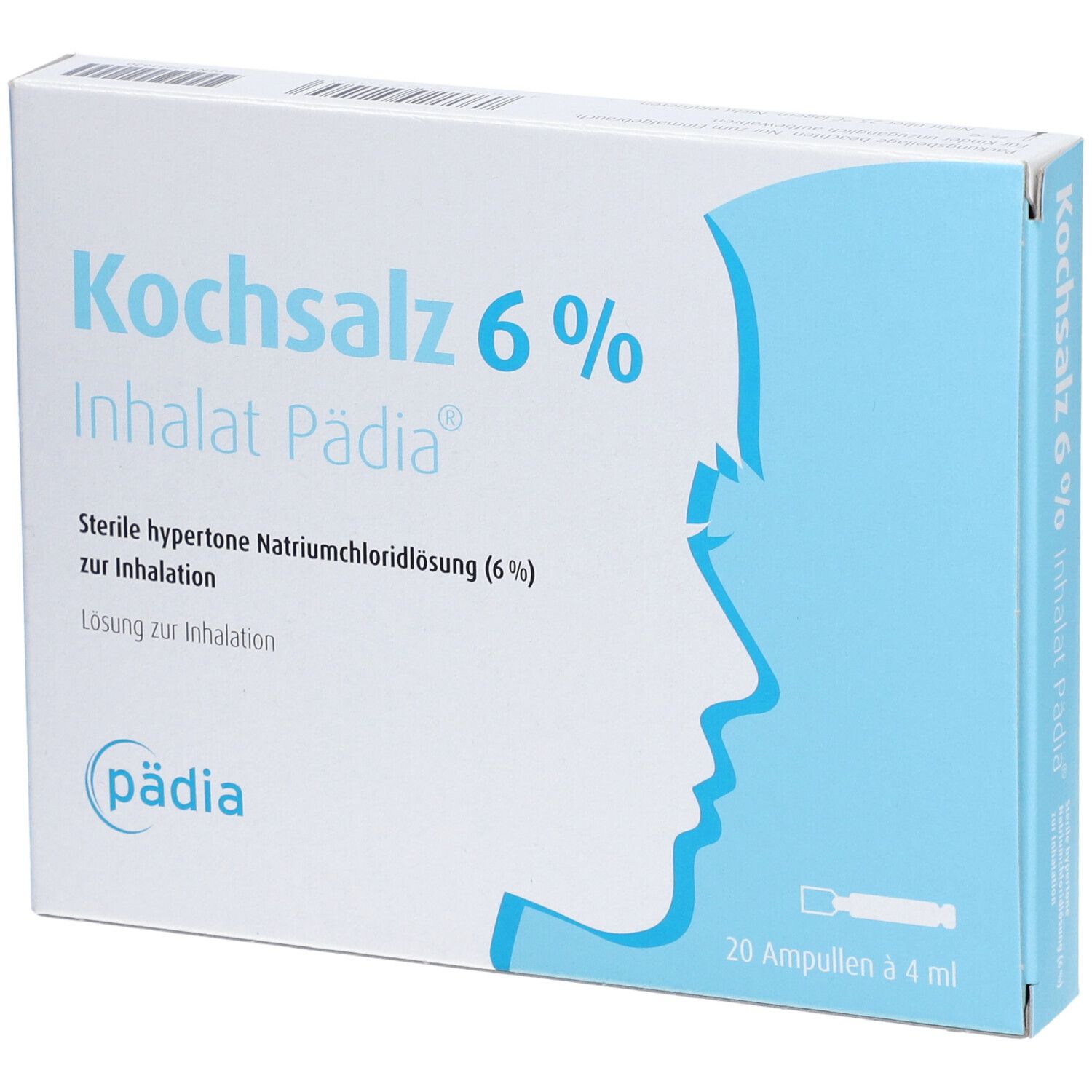 Karton Kochsalz 6 % Inhalat Pädia®. Aufdrucke: Kochsalz 6 %, Inhalat Pädia®, 20 Ampullen à 4 ml. Sterile hypertone Natriumchloridlösung (6 %).