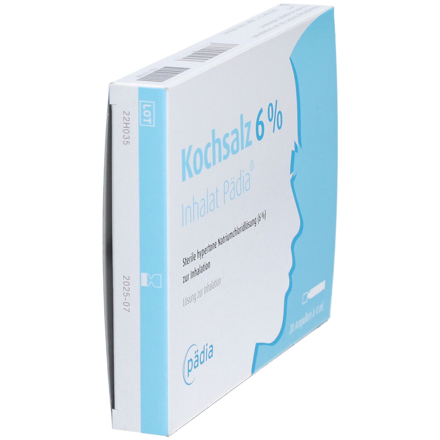 Schräg gestellte Packung Kochsalz 6 % Inhalat Pädia®. Aufdrucke: Kochsalz 6 %, Inhalat Pädia®, 20 Ampullen à 4 ml.