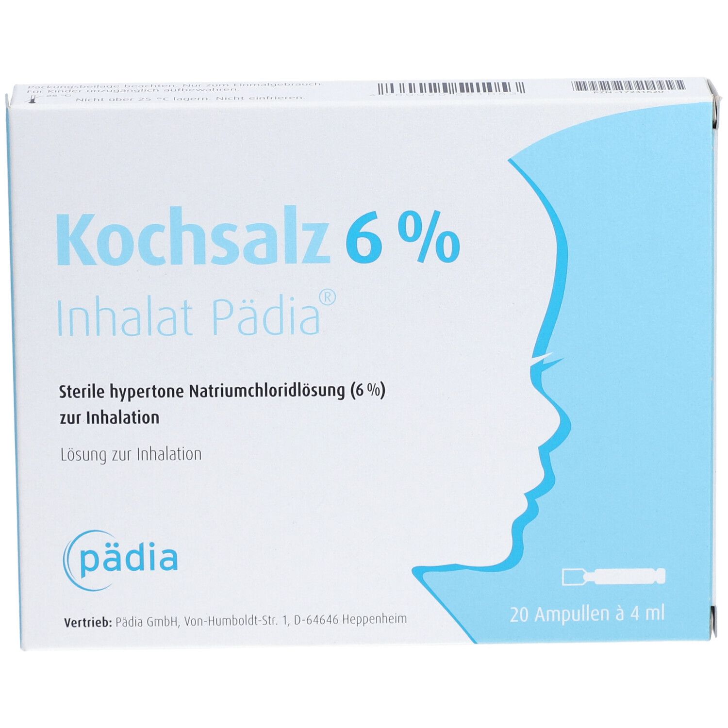 Karton Kochsalz 6 % Inhalat Pädia®. Aufdrucke: Kochsalz 6 %, Inhalat Pädia®, 20 Ampullen à 4 ml. Sterile hypertone Natriumchloridlösung (6 %).