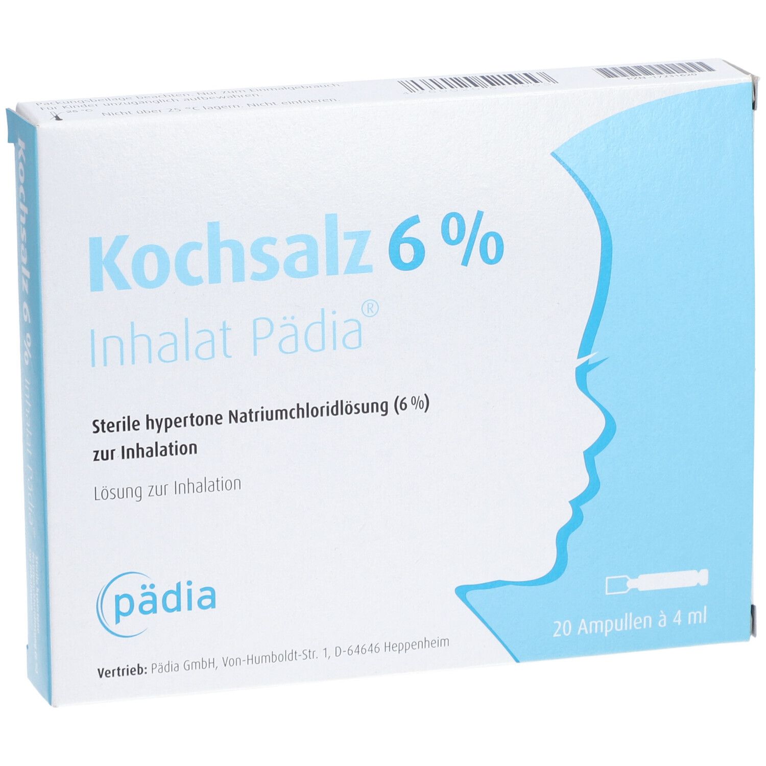 Karton Kochsalz 6 % Inhalat Pädia®. Aufdrucke: Kochsalz 6 %, Inhalat Pädia®, 20 Ampullen à 4 ml. Sterile hypertone Natriumchloridlösung (6 %).