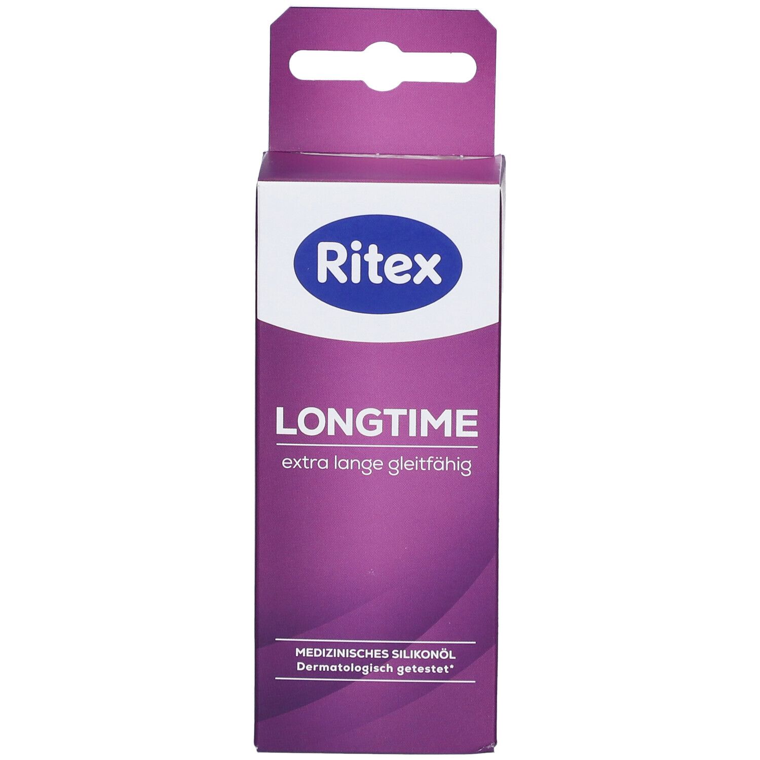 Vorderansicht der Ritex LONGTIME Verpackung. Lila-weiße Schachtel mit Produktnamen und Logo. Medizinische Silikonöl-Formulierung.