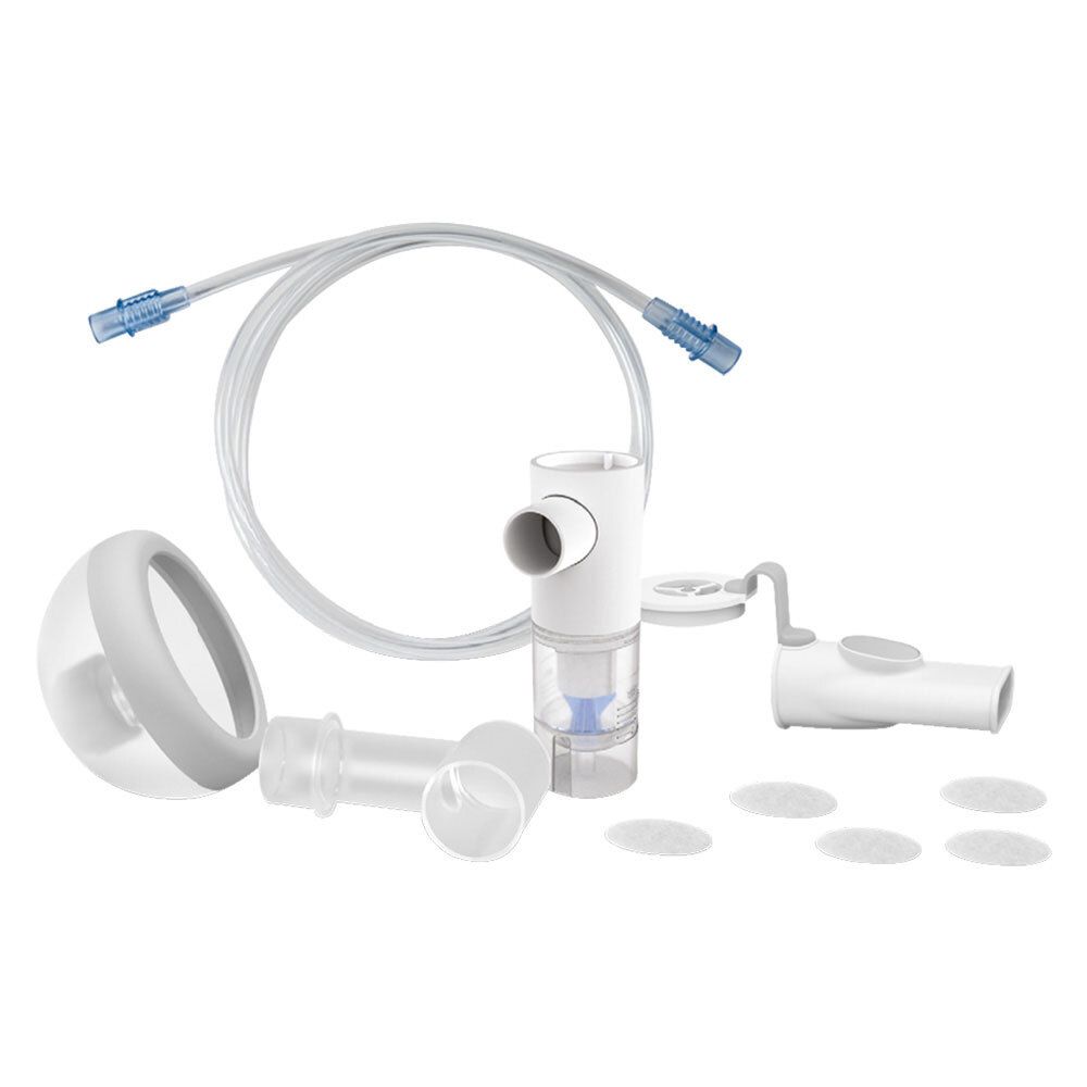 Inhalationsgerät mit Zubehör: Maske, Mundstück, Schlauch, Vernebler, Filter. Weißes Kunststoffmaterial.