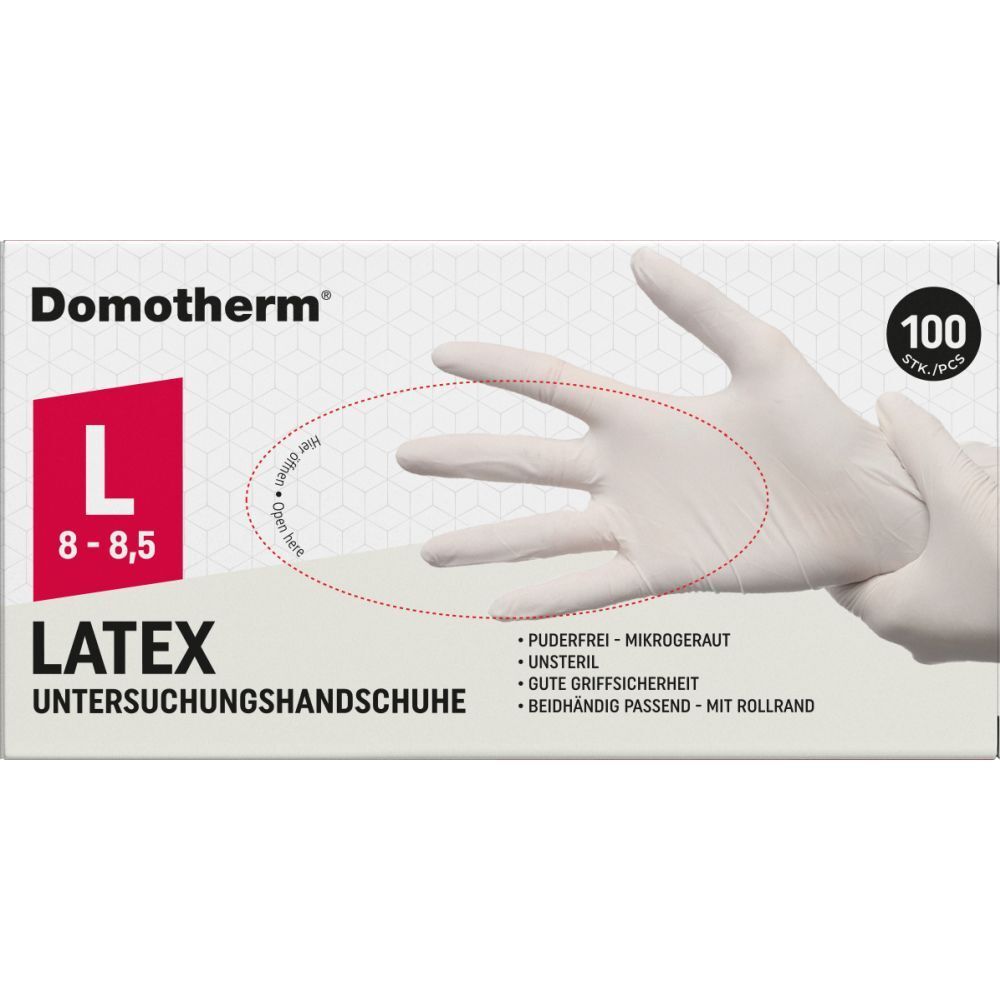 Domotherm® Latex-Untersuchungshandschuhe, Größe L, 100 Stück. Kartonverpackung mit Handschuhabbildung.