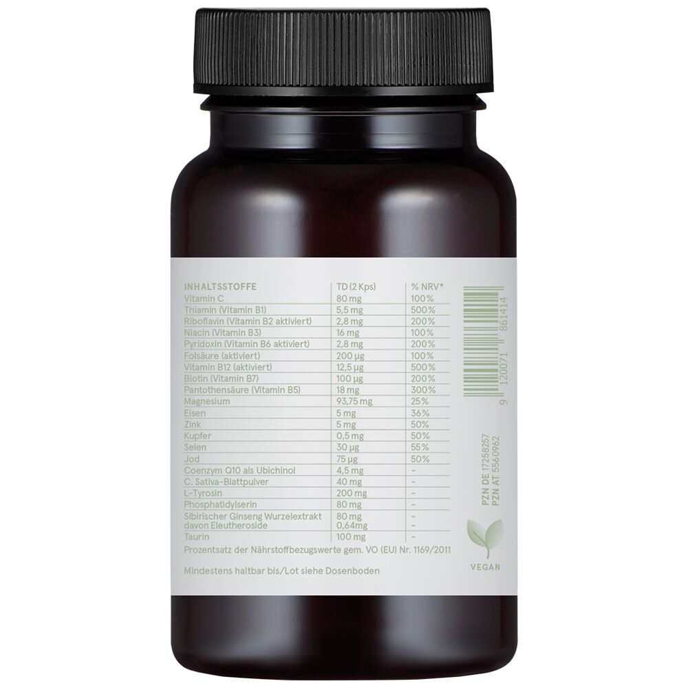 Rückseite einer braunen Flasche mit schwarzem Deckel. Text mit Nährwertangaben und Vegan-Logo.