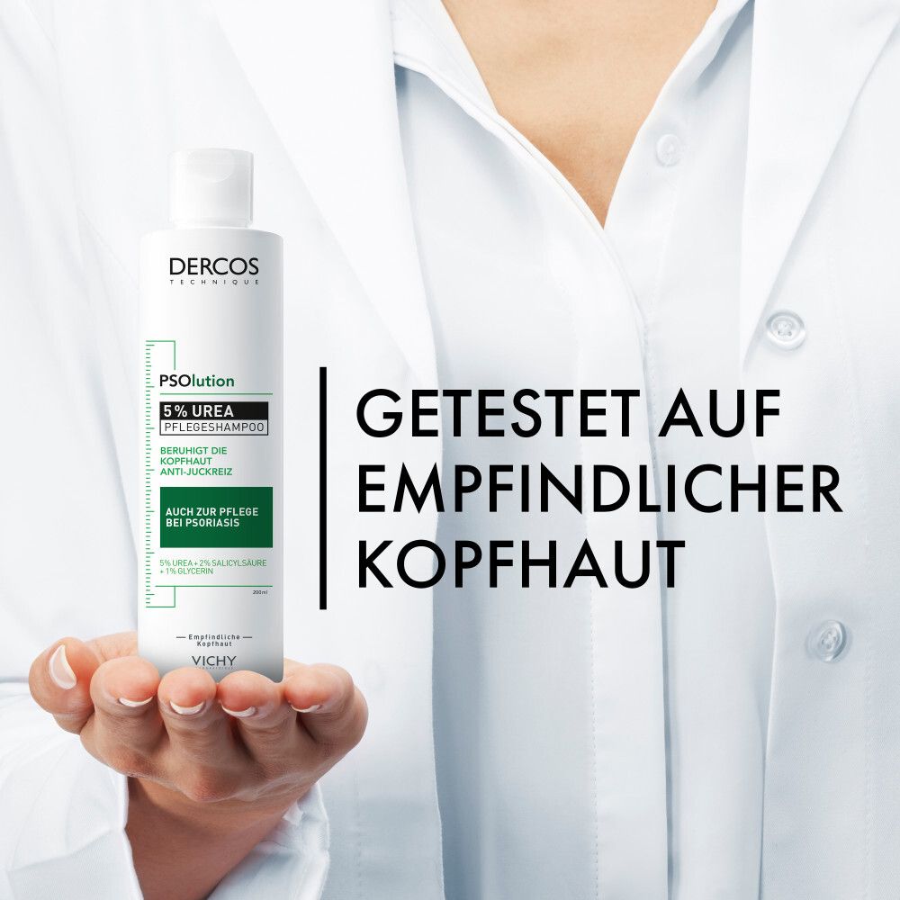 Dercos PSolution Pflegeshampoo. Flasche. Getestet auf empfindlicher Kopfhaut. Weißer Kittel.