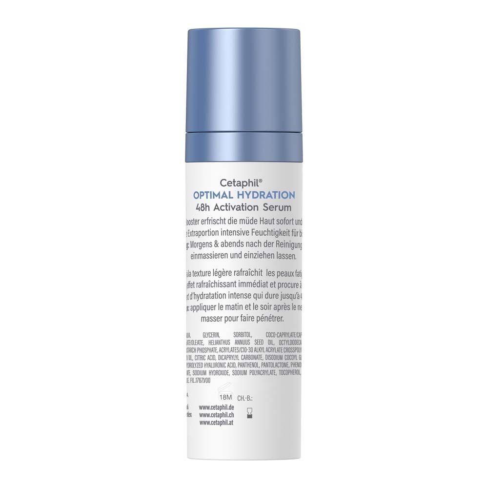 Rückseite der Serumflasche. Text: Cetaphil Optimal Hydration 48h Activation Serum. Inhaltsstoffe.