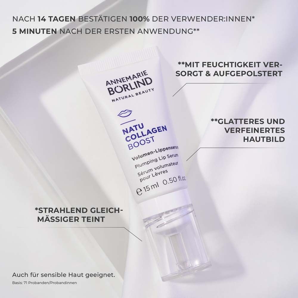 Lippen-Serum mit Text. Marke: ANNEMARIE BÖRLIND. Produktname: NATU COLLAGEN BOOST. Text: strahlend, gleichmäßiger Teint.