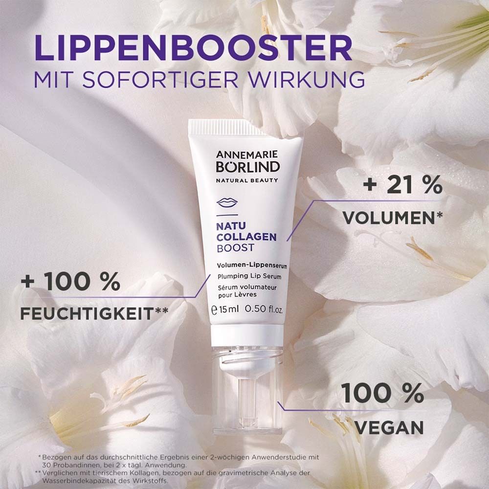 Lippen-Serum mit Text. Marke: ANNEMARIE BÖRLIND. Produktname: NATU COLLAGEN BOOST. Text: +100% Feuchtigkeit, 100% vegan.