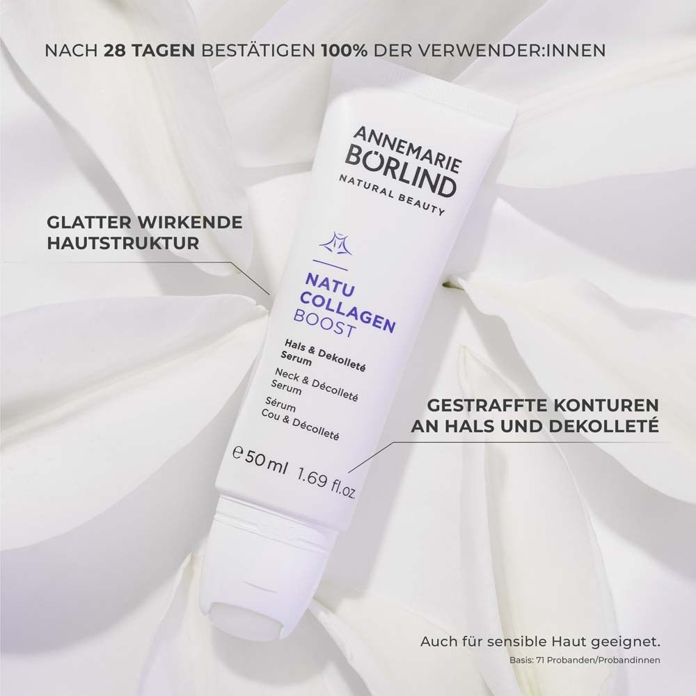 Creme-Tube mit Produktnamen und Marke. Text: Glattere Hautstruktur, straffere Konturen. Auf Blüten.