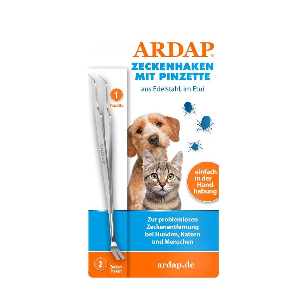 ARDAP Zeckenhaken mit Pinzette. Edelstahl-Zeckenhaken und Pinzette in Verpackung mit Hund und Katze.