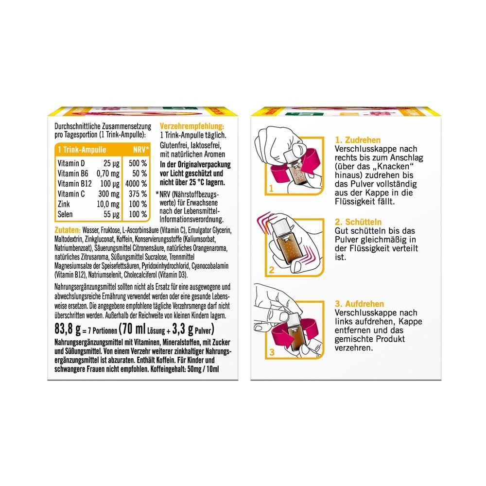 Rückseite der Packung taxofit® Immun + Energie. Inhaltsstoffe, Nährwertangaben und Anwendung.