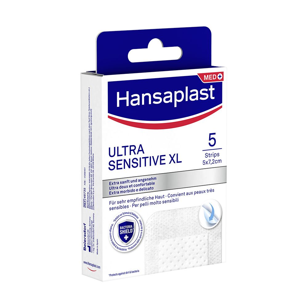 Hansaplast Ultra Sensitive XL Packung. 5 Pflaster, 5x7,2cm. Text in Deutsch, Französisch, Italienisch.