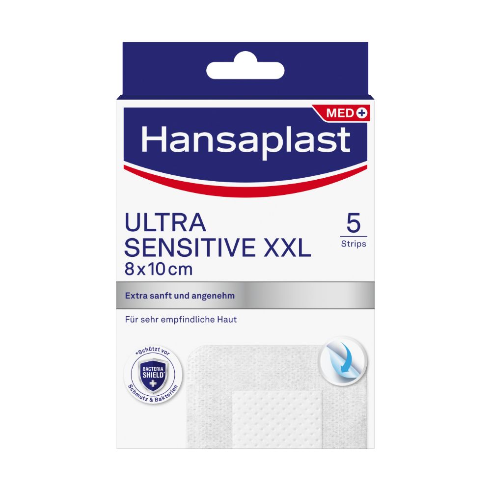 Verpackung Hansaplast Ultra Sensitive XXL, 8x10cm, 5 Pflaster. Text: Extra sanft und angenehm. Für sehr empfindliche Haut.