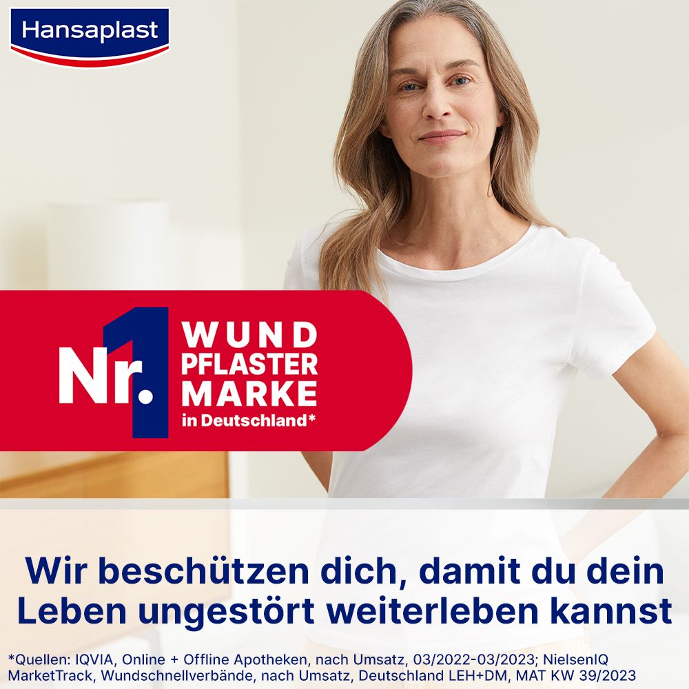 Frau in weißem T-Shirt. Text: Nr. 1 Wundpflaster Marke in Deutschland. Wir beschützen dich, damit du dein Leben ungestört weiterleben kannst.