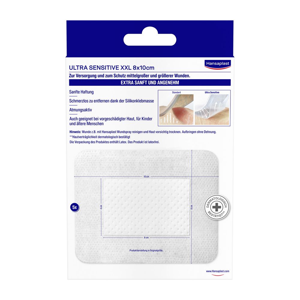 Verpackung Hansaplast Ultra Sensitive XXL, 8x10cm. Text: Extra sanft und angenehm. Für sehr empfindliche Haut. 5 Pflaster.