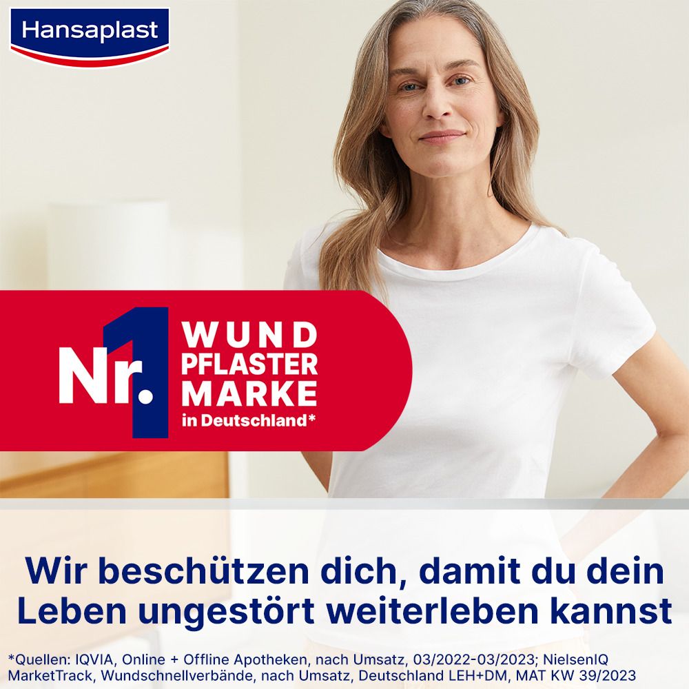 Frau in weißem T-Shirt. Text: Nr. 1 Wundpflaster Marke in Deutschland. Wir beschützen dich, damit du dein Leben ungestört weiterleben kannst.