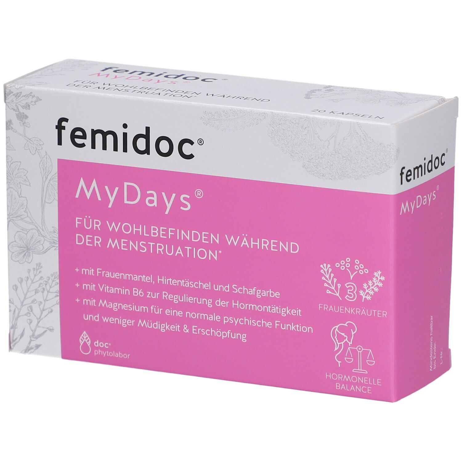 femidoc MyDays Packung. Rosa-weiße Schachtel mit Produktnamen und Inhaltsangaben. Hormonelle Balance.