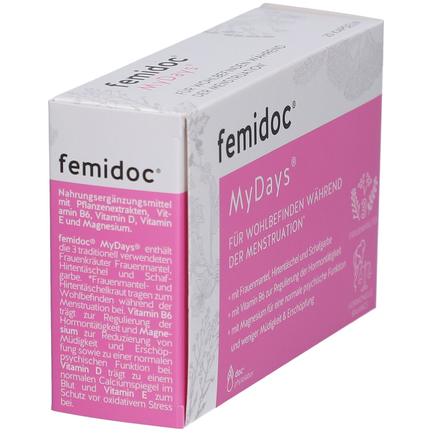 femidoc MyDays Packung. Rosa-weiße Schachtel mit Produktnamen und Inhaltsangaben. Detailansicht der Inhaltsstoffe.