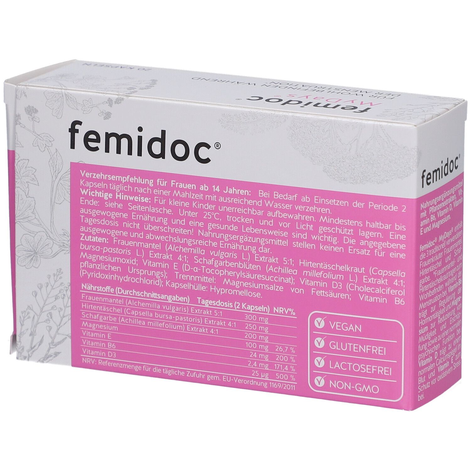 femidoc MyDays Packung. Rosa-weiße Schachtel mit Produktnamen und Inhaltsangaben. Detailansicht der Nährwerttabelle.