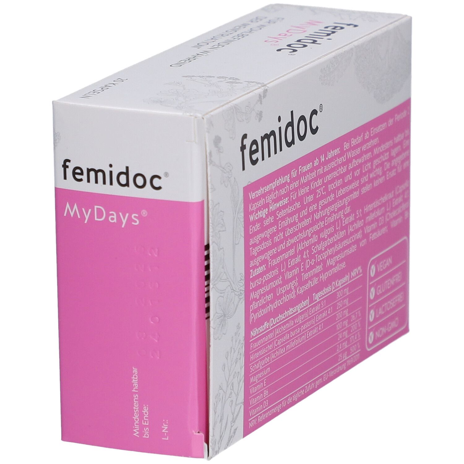 femidoc MyDays Packung. Rosa-weiße Schachtel mit Produktnamen und Inhaltsangaben. Seitenansicht.