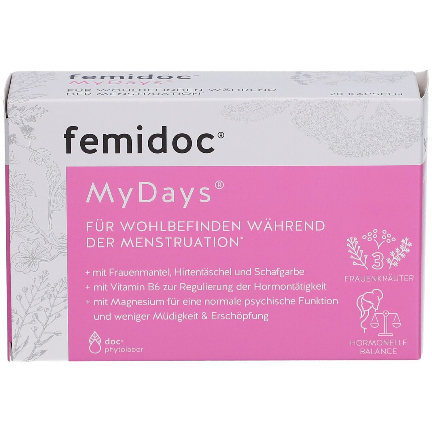 femidoc MyDays Packung. Rosa-weiße Schachtel mit Produktnamen und Inhaltsangaben. Hormonelle Balance.