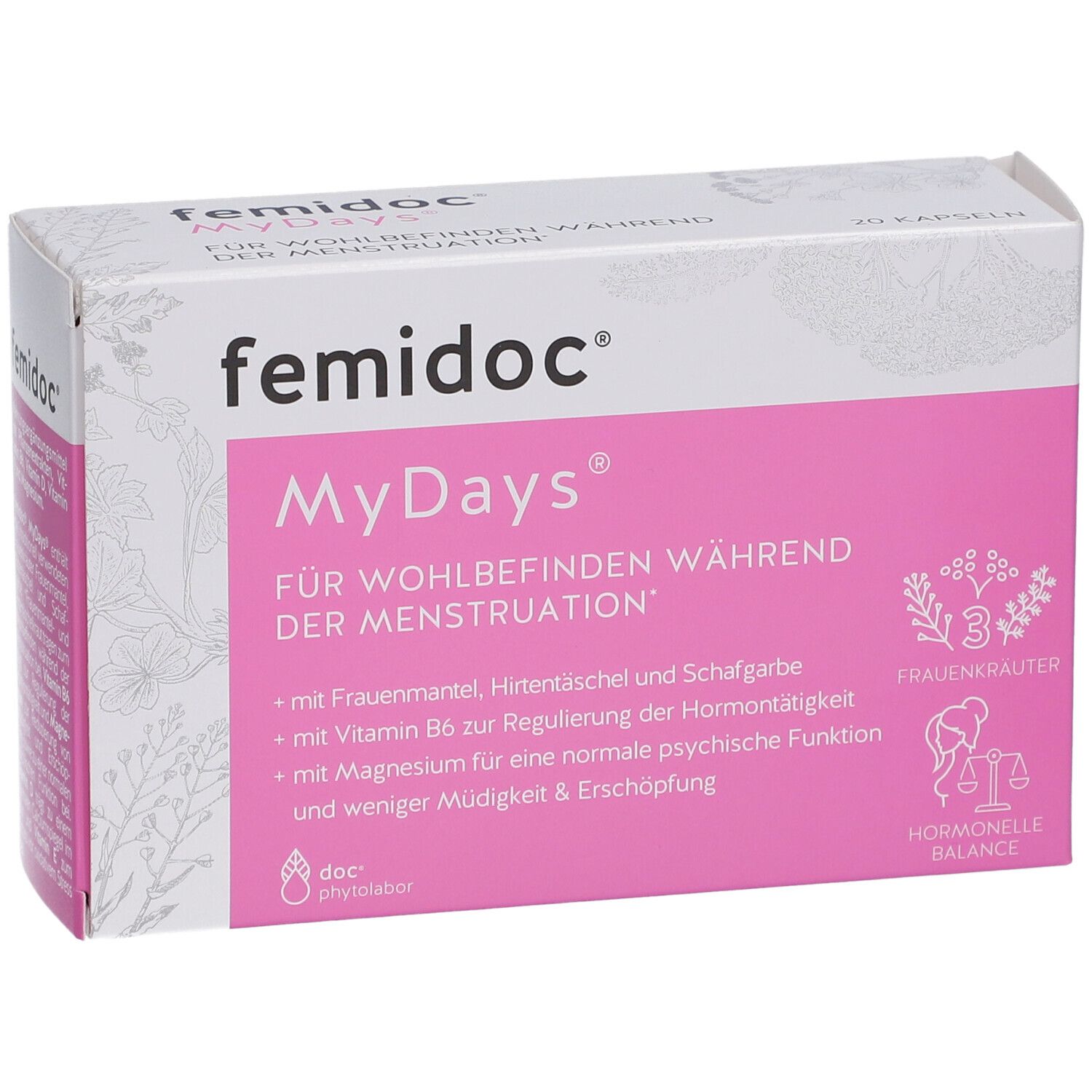femidoc MyDays Packung. Rosa-weiße Schachtel mit Produktnamen und Inhaltsangaben. Hormonelle Balance.