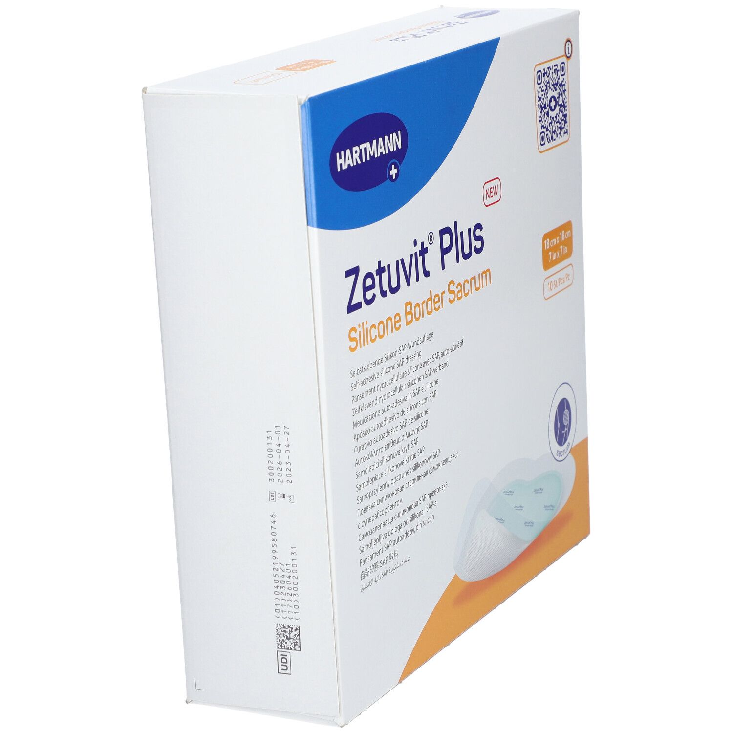 Schräg gestellte Verpackung von Hartmann Zetuvit® Plus. Aufdruck: Zetuvit® Plus Silicone Border Sacrum.