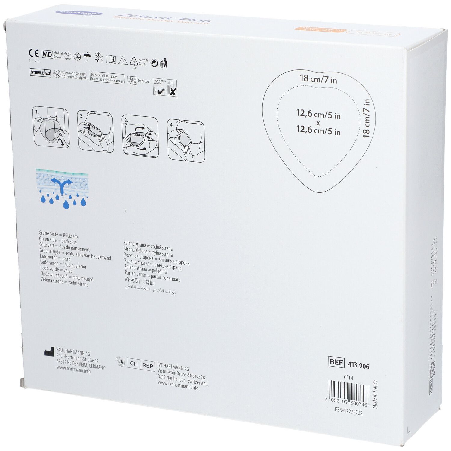 Rückseite der Verpackung von Hartmann Zetuvit® Plus. Abbildungen zur Anwendung, Größenangaben.