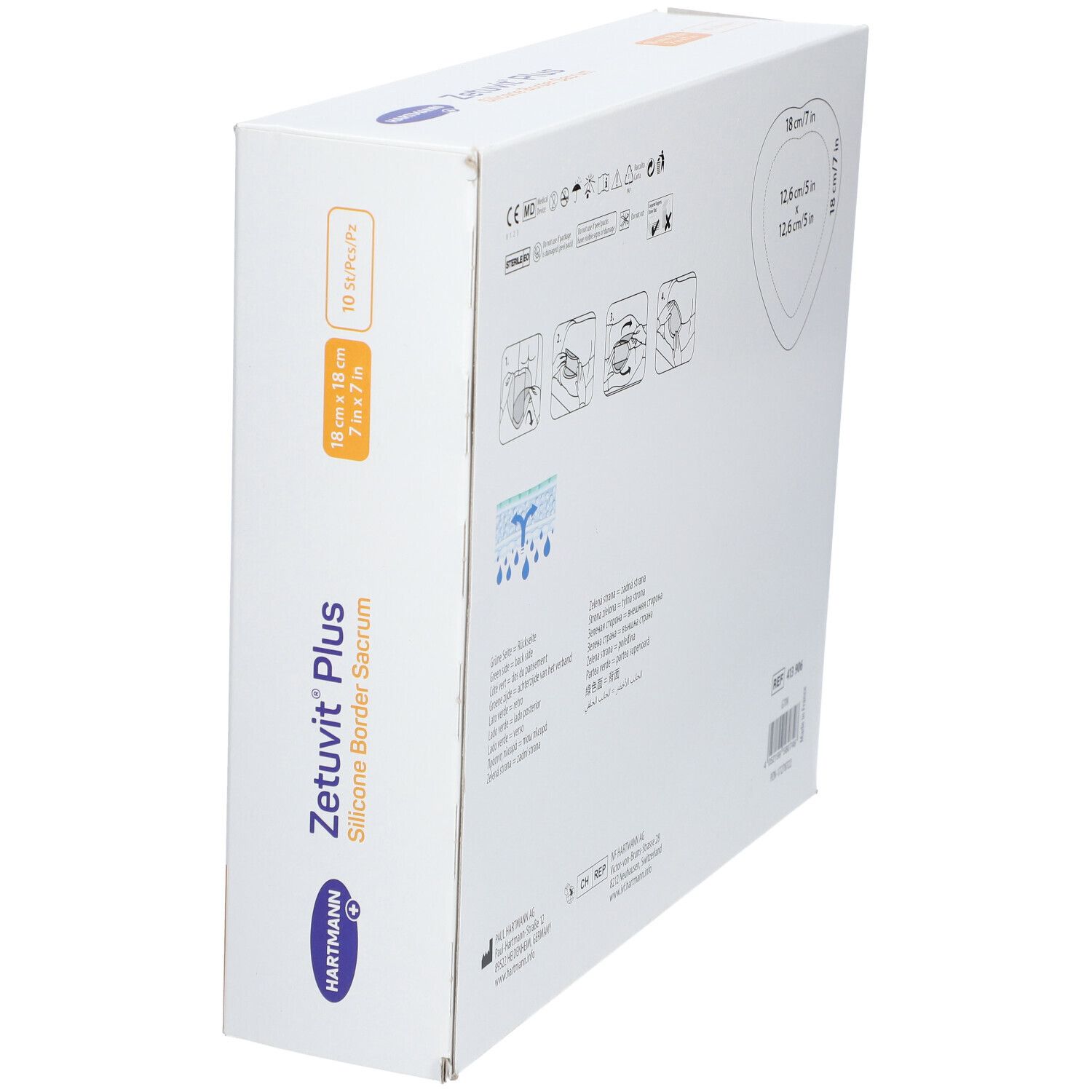 Schräg gestellte Verpackung von Hartmann Zetuvit® Plus. Aufdruck: Zetuvit® Plus Silicone Border Sacrum, 10 Stk.