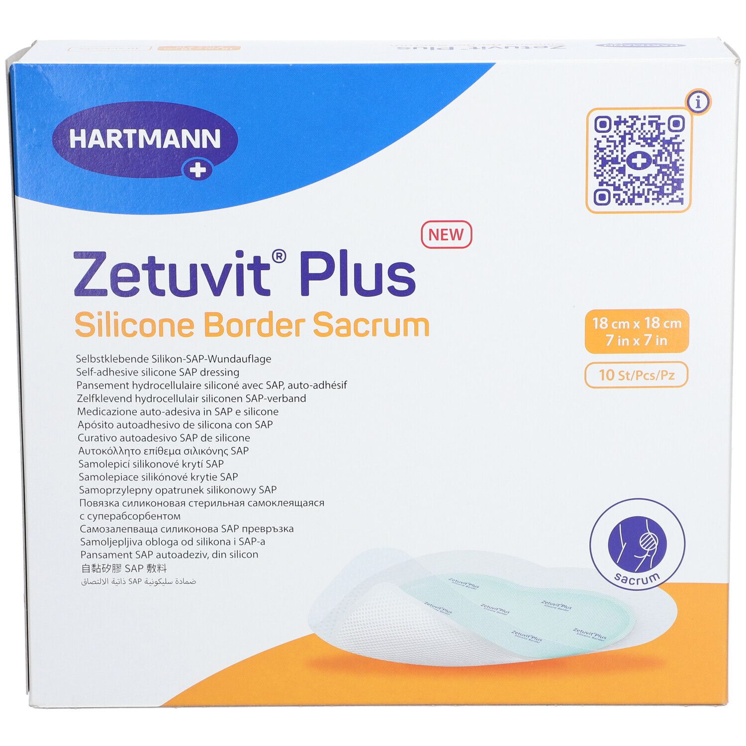 Verpackung von Hartmann Zetuvit® Plus. Aufdruck: Zetuvit® Plus Silicone Border Sacrum, 18 x 18 cm, 10 Stück.
